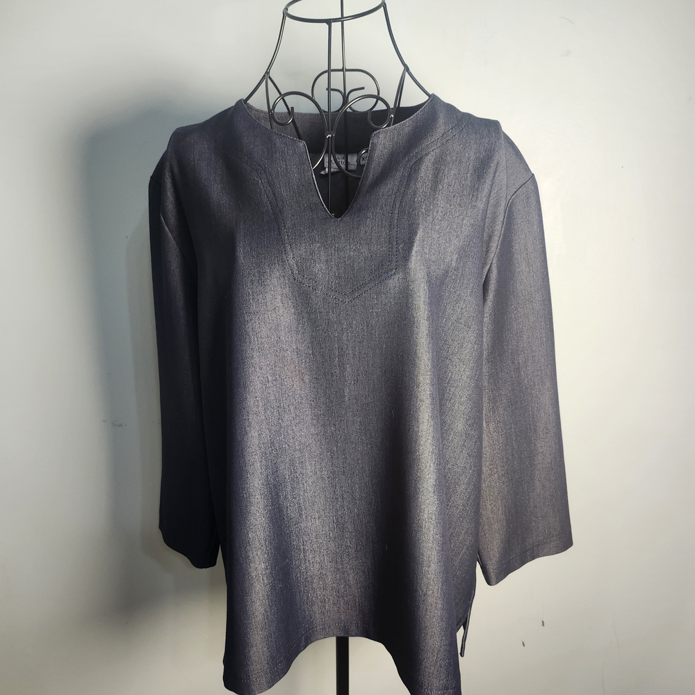 Hot Cotton Womens XL Navy Chambray Look Tunic Top 3/4 Sleeve Notch Neck